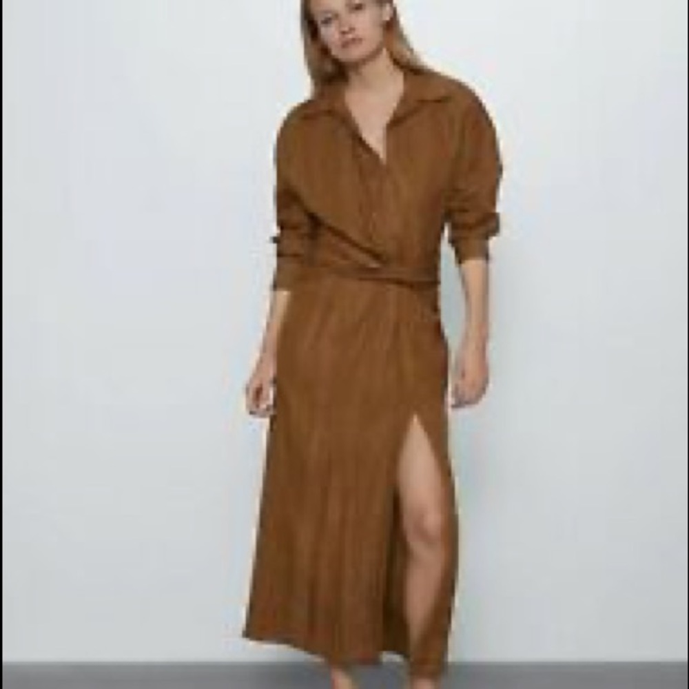 Zara limited edition draped caramel brown slit midi dress with sash belt - Picture 3 of 11